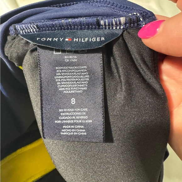 Tommy Hilfiger One Piece Bathing Suit Navy Blue with Yellow Stripe Size 8 - Picture 10 of 12